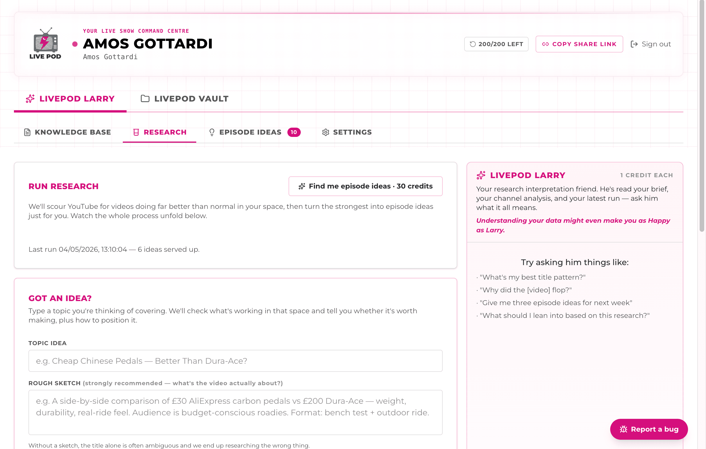 LivePod Larry dashboard, episode research interface