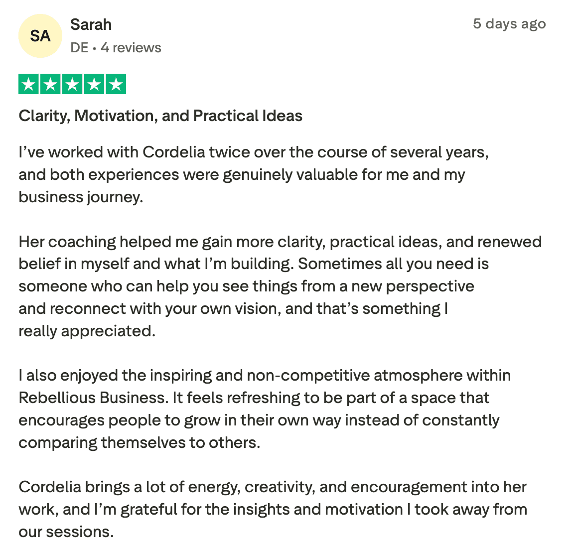 Trustpilot review by Sarah, titled Clarity, Motivation, and Practical Ideas